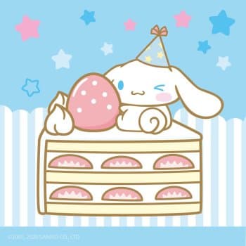 The image features the character Cinnamoroll, a white puppy with long ears and a curly tail, sitting atop a large slice of strawberry shortcake. Cinnamoroll is wearing a small, light blue party hat decorated with yellow stars and a pink bow, and is depicted with a playful winking expression. The cake is a multi-layered sponge with cream and strawberry slices, topped with a giant pink strawberry and dollops of whipped cream. The background is a soft blue sky filled with floating pink and blue stars, set above a white and blue striped border. The artistic style is minimalist and cute, utilizing clean vector lines and a soft pastel color palette. The overall atmosphere is joyful, whimsical, and celebratory, evoking a sense of innocent happiness.