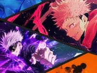 This digital illustration features a dynamic collage of two prominent male characters from the Jujutsu Kaisen series, Yuji Itadori and Satoru Gojo. Yuji is depicted in the upper right panel with his signature spiky pink hair and a determined expression, wearing his high-collared dark uniform with a red hood. In the lower left panel, Satoru Gojo is shown in a high-action pose, wearing his iconic black blindfold and dark jacket while channeling vibrant purple energy. The composition uses diagonal slashes to separate the character panels, creating a sense of movement and intensity. The artistic style is modern and high-contrast, utilizing heavy saturation and glowing particle effects to emphasize supernatural power. The overall atmosphere is energetic and intense, capturing the high-stakes nature of a supernatural battle.