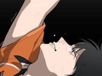 The image features a close-up profile of a young male athlete with short, dark hair and sharp blue eyes, identified as Tobio Kageyama from Haikyuu!!. He is wearing a standard orange and black volleyball jersey with white accents, shown from a low-angle perspective as he looks upward with a determined and strained expression. His mouth is slightly open, revealing clenched teeth, and small droplets of sweat or tears are visible, emphasizing the physical and emotional intensity of the moment. The background is a solid, deep black, which serves to isolate the character and focus all attention on his facial expression and the reaching motion of his arm. The art style utilizes clean, sharp line work and flat cel-shading, characteristic of modern sports anime aesthetics. The overall atmosphere is one of high stakes and intense focus, capturing a pivotal moment of athletic struggle or realization.