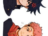 This digital illustration features two male characters from the series Jujutsu Kaisen, Megumi Fushiguro and Yuji Itadori, presented in a vertical split composition. Megumi, at the top, is depicted with his signature spiky black hair and a visible 'anger' symbol on his forehead, wearing a dark high-collared jujutsu uniform. Below him, Yuji Itadori is shown with his spiky pink and black hair, wearing his distinctive red hooded uniform with gold buttons, looking upward with a confused or questioning expression indicated by a '?' symbol. The characters are rendered from the chest up against a plain white background, focusing entirely on their facial expressions and upper attire. The art style utilizes clean line work with soft, painterly shading on the skin and hair, creating a modern digital look. The overall mood is lighthearted and comedic, capturing a playful dynamic between the two protagonists.