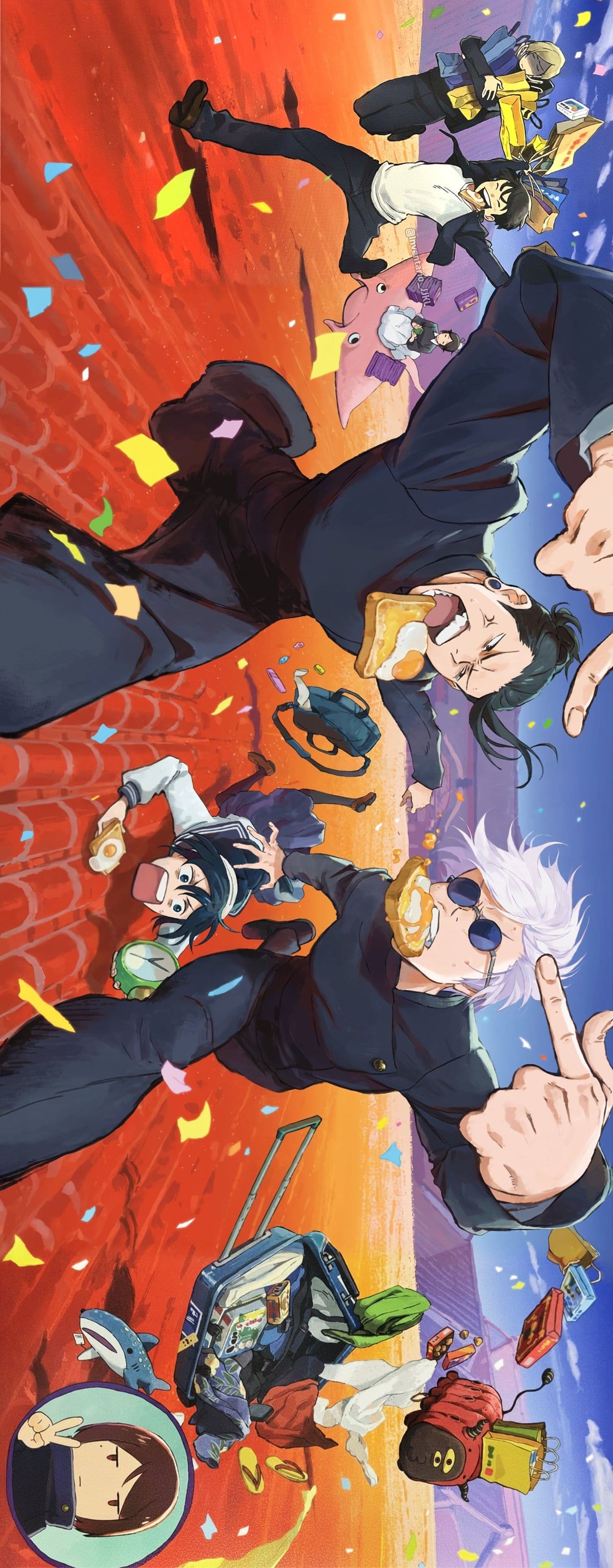 This dynamic illustration features characters from Jujutsu Kaisen, specifically Satoru Gojo, Suguru Geto, and Shoko Ieiri, depicted in a chaotic and energetic scene. The characters are shown falling or leaping through a vibrant sky, with Gojo and Geto in the foreground biting into pieces of toast while wearing their dark blue school uniforms. In the background, other characters like Nanami and Haibara are visible, carrying shopping bags and luggage, adding to the sense of a frantic journey. The environment is a surreal blend of a bright orange sunset and a deep blue sky, filled with floating objects like suitcases, confetti, and a green alarm clock. The artistic style uses sharp line work and bold cel-shading, creating a high-energy, comedic atmosphere. The overall mood is joyful and nostalgic, capturing a lighthearted moment of youth and camaraderie.