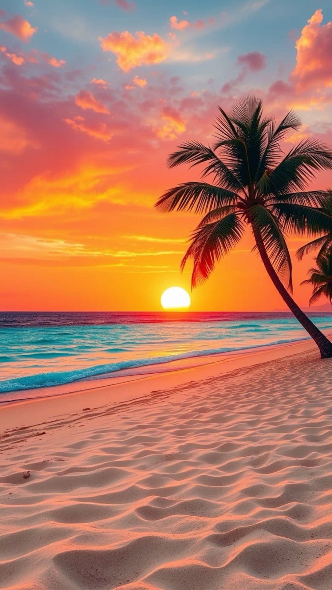 This image captures a serene tropical beach at sunset, featuring a single palm tree leaning gracefully over textured sand. The sun, a radiant golden orb, dips just above the horizon, casting warm orange and pink hues across the sky and reflecting softly on the calm ocean waves. The foreground showcases detailed, rippled sand, while the background reveals a vast, tranquil sea under a dramatic, cloud-streaked sky. The artwork employs smooth gradients and realistic lighting to evoke a peaceful, idyllic atmosphere, with no human figures or clothing present. The composition is balanced, emphasizing natural beauty and tranquility, making it ideal for a calming, family-friendly visual experience.