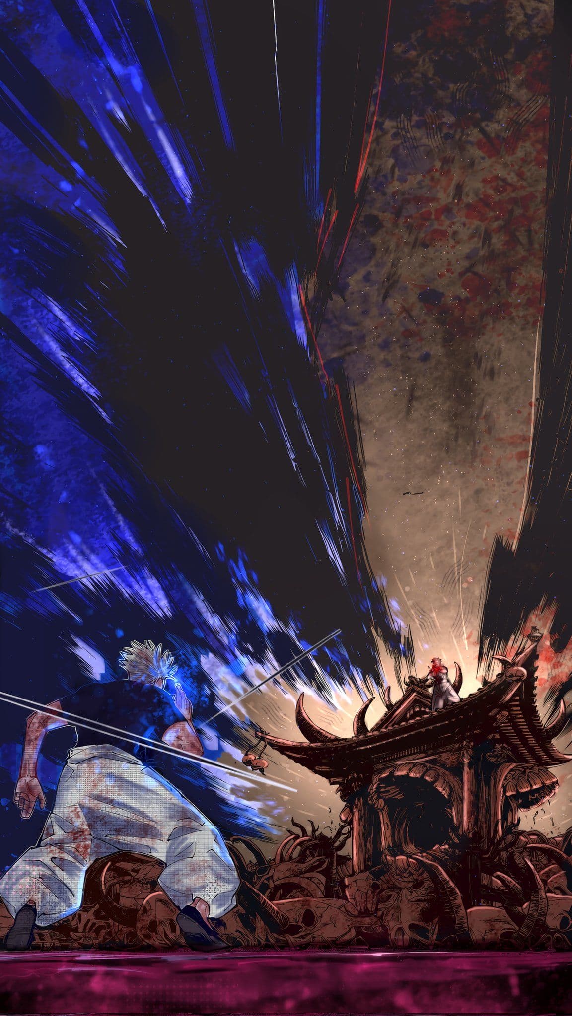 This dynamic illustration depicts a high-stakes confrontation between two powerful figures in a supernatural setting. In the foreground, a muscular man with spiky light hair is seen from behind, wearing a dark short-sleeved shirt and wide-legged white martial arts trousers stained with battle marks. He faces a distant opponent perched atop a traditional, ornate Japanese-style shrine or gatehouse that is surrounded by a macabre foundation of bones and skulls. The sky is split by a massive, vertical energy clash, with deep blue celestial light on the left and a gritty, debris-filled orange glow on the right. The artistic style utilizes heavy ink-like brushstrokes and vibrant digital coloring to emphasize motion and raw power. The overall atmosphere is epic and intense, capturing a climactic moment of a supernatural duel.