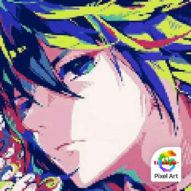 The image features a close-up portrait of an anime-style character in profile, with vibrant, high-contrast pixelated coloring. The character has long, dark blue hair streaked with bright yellow and red, and their face is rendered with soft pink skin tones and expressive eyes. The composition emphasizes the character's gentle, contemplative expression, with a slight downward gaze suggesting introspection or calm. The pixel art style creates a bold, digital aesthetic with sharp, blocky color transitions, while the lighting appears to be soft daylight from the front, highlighting facial features without harsh shadows. The overall mood is serene and artistic, evoking a sense of quiet emotion through its stylized, modern digital rendering.