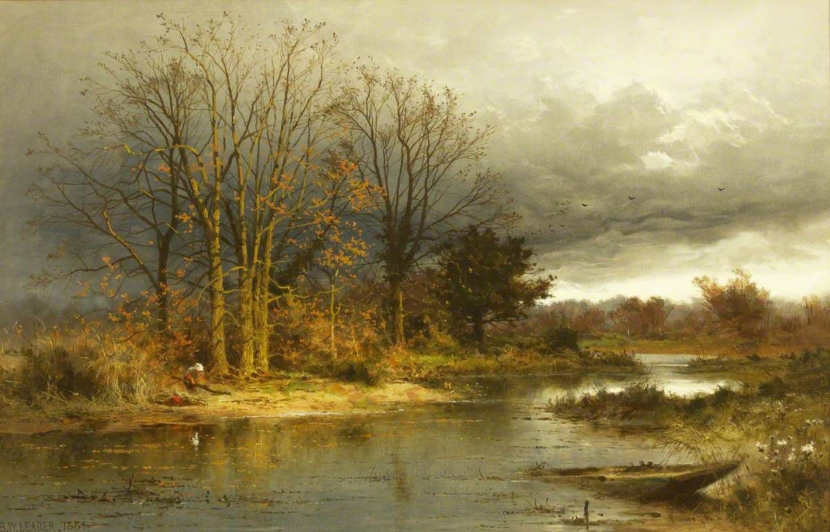 This is a classical landscape painting depicting a tranquil river scene under an overcast sky, with bare trees lining the bank and autumnal foliage in muted yellows and browns. A small, weathered boat rests on the water’s edge, while a solitary figure in a white garment sits near the shore, adding a quiet human element to the natural setting. The composition features atmospheric perspective, with distant trees and clouds fading into soft haze, enhancing the sense of depth and serenity. The artist employs realistic brushwork and soft gradients to convey the diffused light of a cloudy day, creating a contemplative and peaceful mood. The overall tone is calm and nostalgic, evoking a sense of solitude and natural beauty.