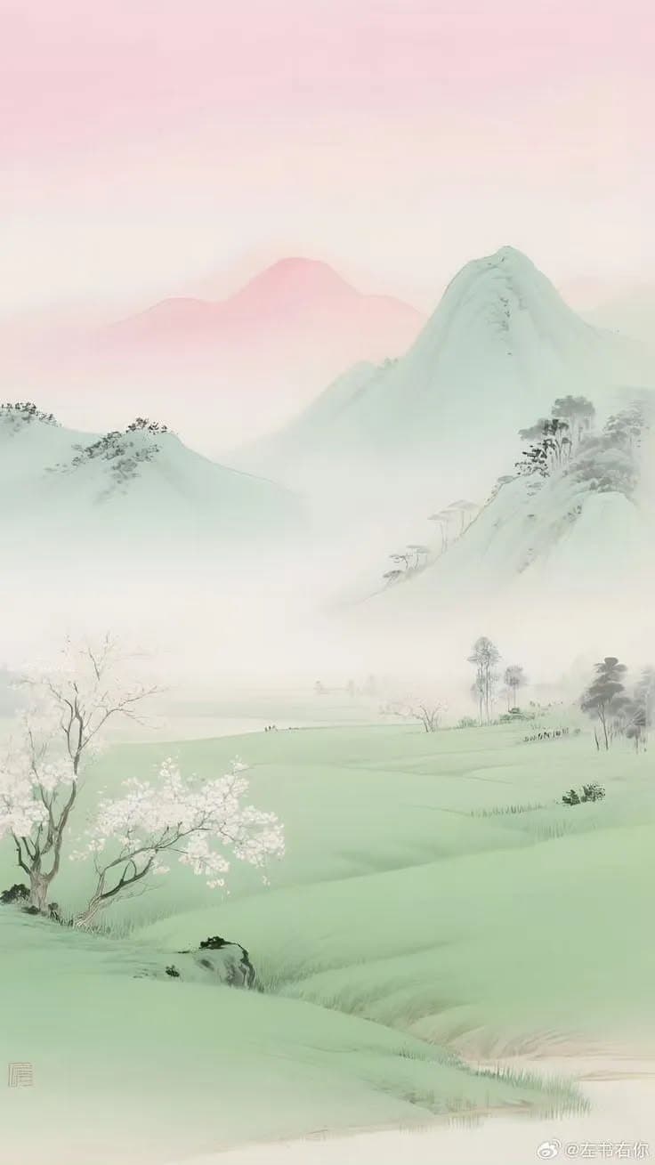 This image depicts a tranquil, misty mountain landscape rendered in traditional East Asian ink and wash painting style, featuring layered, softly blurred peaks under a gentle pink and lavender sky. Rolling green hills stretch across the foreground, dotted with sparse trees and a solitary blossoming tree on the left, suggesting early spring. The atmosphere is serene and ethereal, enhanced by atmospheric perspective and delicate brushwork that conveys depth and tranquility. The composition is balanced with a central focal point on the distant mountain range, while the foreground elements guide the viewer’s eye into the depth of the scene. The overall mood is peaceful and contemplative, evoking a sense of harmony with nature.