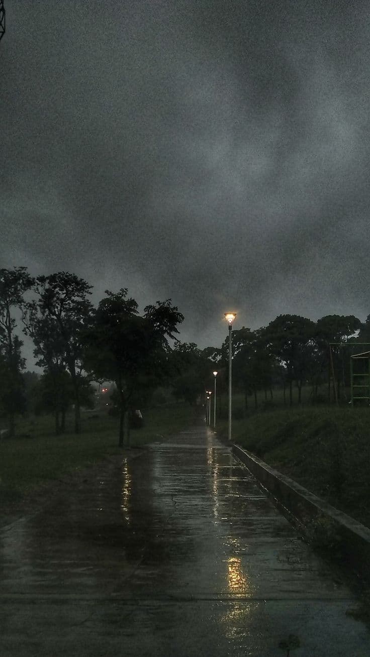 This image captures a solitary, rain-slicked urban pathway under an oppressive, overcast sky, creating a moody and atmospheric scene. The wet pavement reflects the warm glow of streetlights, contrasting with the cool, gray tones of the stormy atmosphere. Trees line both sides of the path, their silhouettes softened by the mist and rain, while distant lights hint at a quiet, possibly deserted neighborhood. The composition emphasizes depth and perspective, drawing the viewer’s eye down the path into the gloom. The overall tone is somber and contemplative, evoking a sense of solitude and quiet melancholy in a mundane, everyday setting.