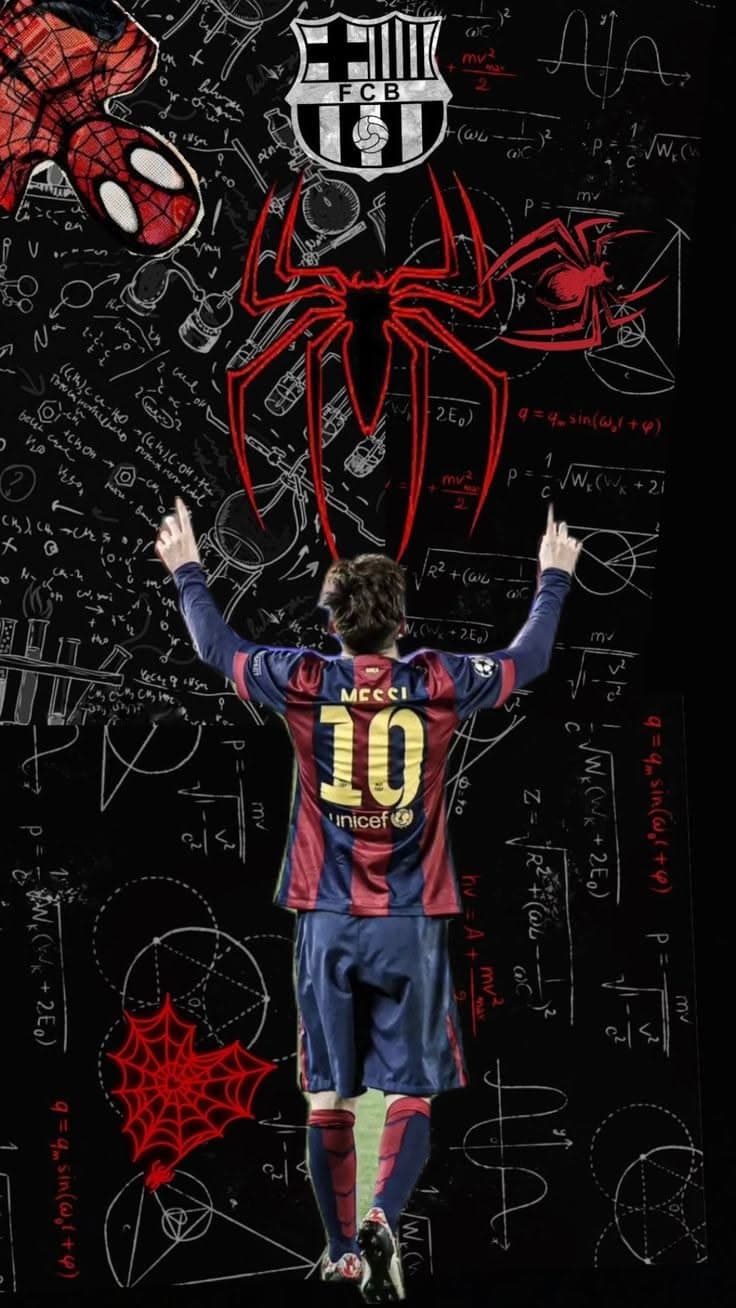 The image features a young male soccer player viewed from behind, wearing a Barcelona FC jersey with the number 10 and 'MESSI' printed on the back, along with UNICEF branding. He stands with arms raised in a celebratory pose, pointing upward toward a large red spider emblem and mathematical equations covering a blackboard-like background. The composition is layered with red spiderweb motifs and a stylized Spider-Man face in the upper left corner, alongside the FC Barcelona crest. The artwork blends sports and superhero themes through a collage of equations, diagrams, and iconic symbols, creating a dynamic and intellectual atmosphere. The overall tone is energetic and aspirational, celebrating athletic genius and global iconography.