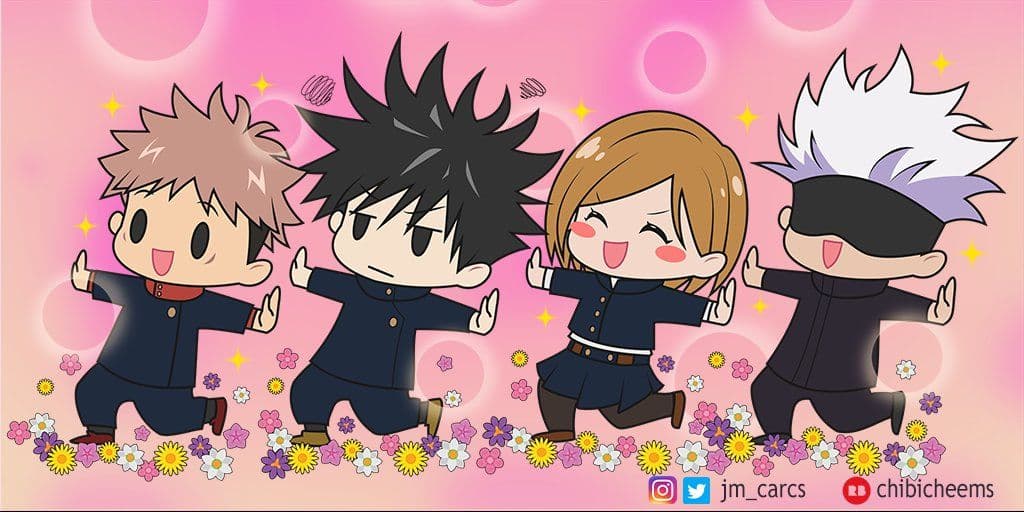This digital illustration features four chibi-style characters from Jujutsu Kaisen—Yuji Itadori, Megumi Fushiguro, Nobara Kugisaki, and Satoru Gojo—performing a synchronized dance move. Each character is dressed in their signature dark blue high-collared school uniforms, which provide full coverage, including long sleeves and trousers or a modest skirt with leggings. The characters are arranged in a horizontal line, striking a playful pose with their hands out to the sides against a soft pink gradient background filled with bokeh circles and sparkles. Below their feet is a vibrant bed of stylized colorful flowers in shades of yellow, white, and purple. The art style is distinctly 'chibi,' characterized by oversized heads, simplified features, and thick, clean line work. The overall atmosphere is joyful, whimsical, and lighthearted, contrasting the typically serious tone of the source material.