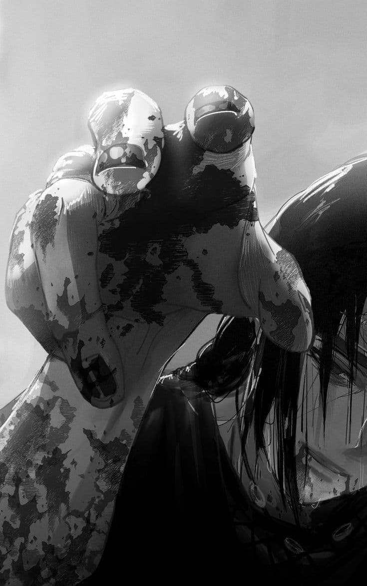 The image depicts a dramatic, high-contrast black-and-white illustration of a large, grotesque hand with cracked, peeling skin and dark, splattered patterns, gripping a figure from above. The figure below appears to be a character with long, dark hair and a dark, flowing garment, suggesting a moment of intense struggle or capture. The composition is tightly framed, emphasizing the oppressive weight and texture of the hand, while the background is a stark, minimalist sky. The artwork uses heavy shading and ink-like textures to convey a sense of decay and tension, with the focal point centered on the interaction between the hand and the character. The overall mood is dark and ominous, evoking themes of power, control, and suffering through stark visual contrast and emotional intensity.