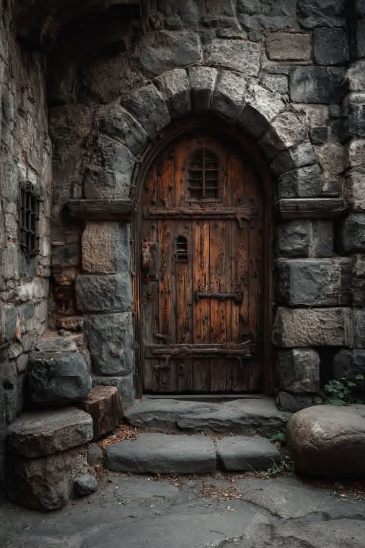 The image features a weathered, arched wooden door set into a massive, ancient stone archway, suggesting a medieval or fantasy setting. The door is constructed from thick, dark wood with visible grain, reinforced by heavy metal hinges and a rustic wooden latch, and includes a small, barred window at the top. The surrounding stone architecture is rugged and textured, with uneven blocks and mossy crevices, conveying a sense of age and mystery. The ground is paved with worn stone slabs and scattered leaves, leading to a small set of steps. The scene is rendered with dramatic, moody lighting that emphasizes the textures and shadows, creating an atmosphere of quiet solitude and timeless intrigue. The overall composition is symmetrical and grounded, inviting contemplation of the hidden world beyond the threshold.
