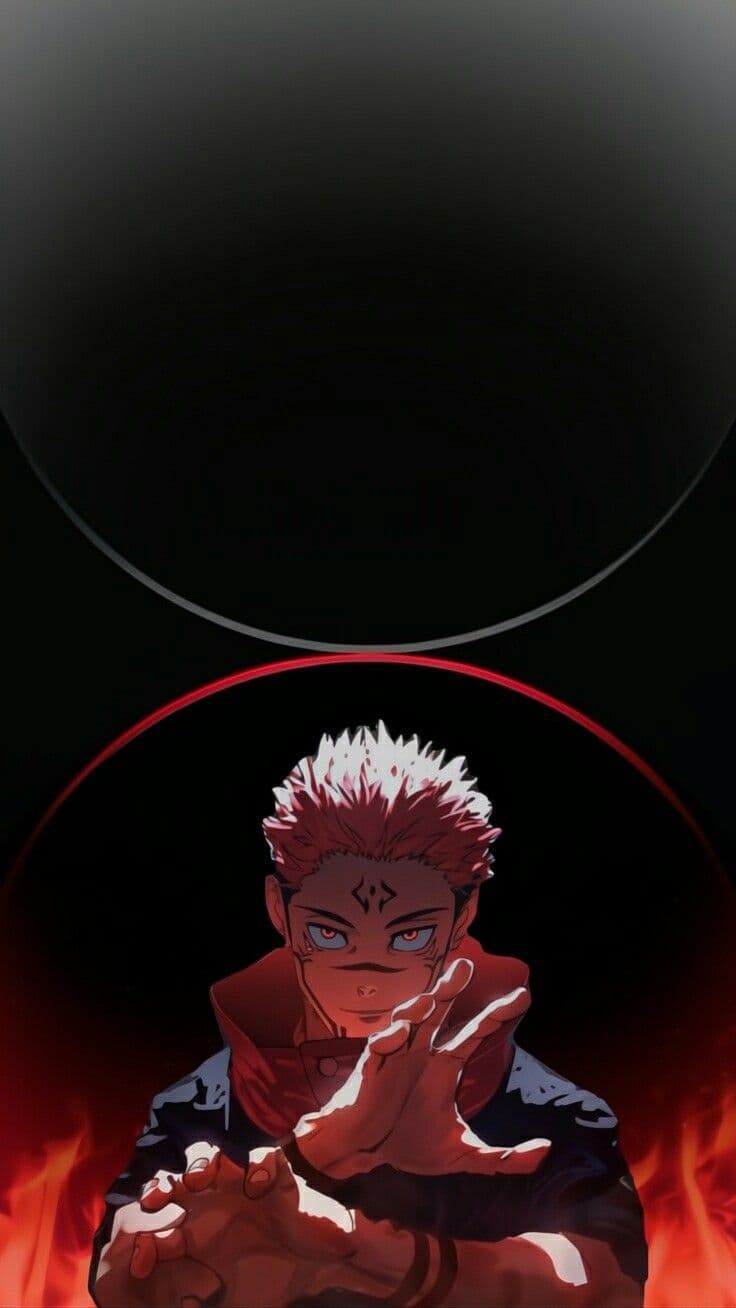 The image features Ryomen Sukuna from Jujutsu Kaisen, depicted with his signature spiky pinkish-red hair and intricate black cursed markings across his forehead and face. He is wearing a dark high-collared jujutsu uniform with a prominent red hood, which is fully fastened to provide complete coverage. The character is captured in a dynamic pose, reaching his hand forward toward the viewer as if channeling energy, while his expression is one of calm, menacing confidence. The background is split into two distinct circular motifs: a dark, void-like upper sphere and a lower sphere engulfed in stylized orange and red flames. The artistic technique utilizes high-contrast cel shading with sharp highlights, creating a dramatic interplay between light and shadow. The overall atmosphere is intense, powerful, and dark, reflecting a supernatural and high-stakes emotional tone.