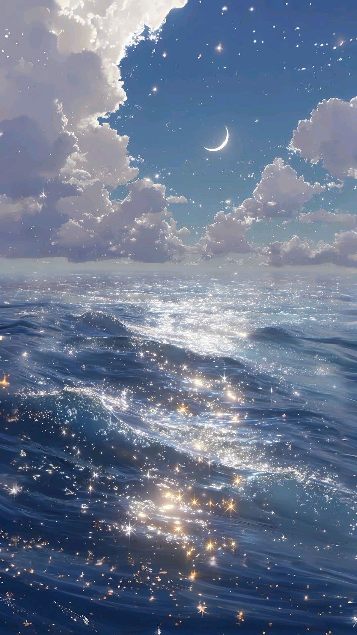 This serene digital artwork depicts a vast, tranquil ocean under a twilight sky, with gentle waves shimmering under a crescent moon and scattered stars. The composition is dominated by a sweeping horizon where the deep blue sea meets a softly clouded sky, creating a sense of peaceful infinity. The lighting is natural daylight transitioning into dusk, with the moon casting a cool, gentle glow across the water’s surface, which reflects countless sparkling particles. The artistic style employs cel-shaded rendering with soft gradients and meticulous shading to enhance depth and texture, evoking a dreamlike, ethereal atmosphere. The overall mood is calm and contemplative, inviting viewers to feel the quiet majesty of nature’s beauty without any human presence or suggestive elements.