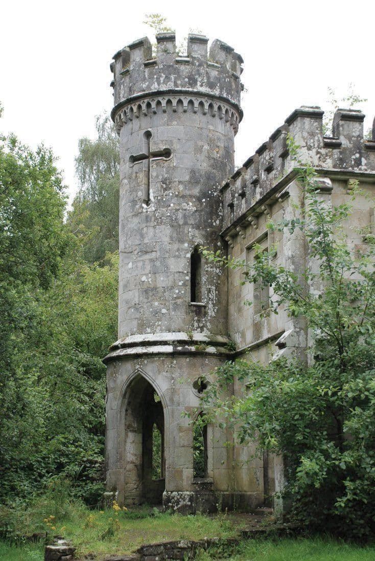 The image features a weathered, stone castle tower with Gothic architectural elements, including arched windows, crenellated battlements, and a cross emblem mounted on its facade. The structure appears abandoned, partially overgrown with ivy and surrounded by dense green foliage, suggesting a forgotten historical site. The scene is captured under soft, diffused daylight, emphasizing the texture of aged stone and the natural encroachment of vegetation. The composition is a medium shot that centers the tower, creating a sense of solemn grandeur and quiet decay. The overall atmosphere evokes nostalgia, mystery, and the passage of time, with a muted, earthy color palette enhancing the timeless, melancholic mood.