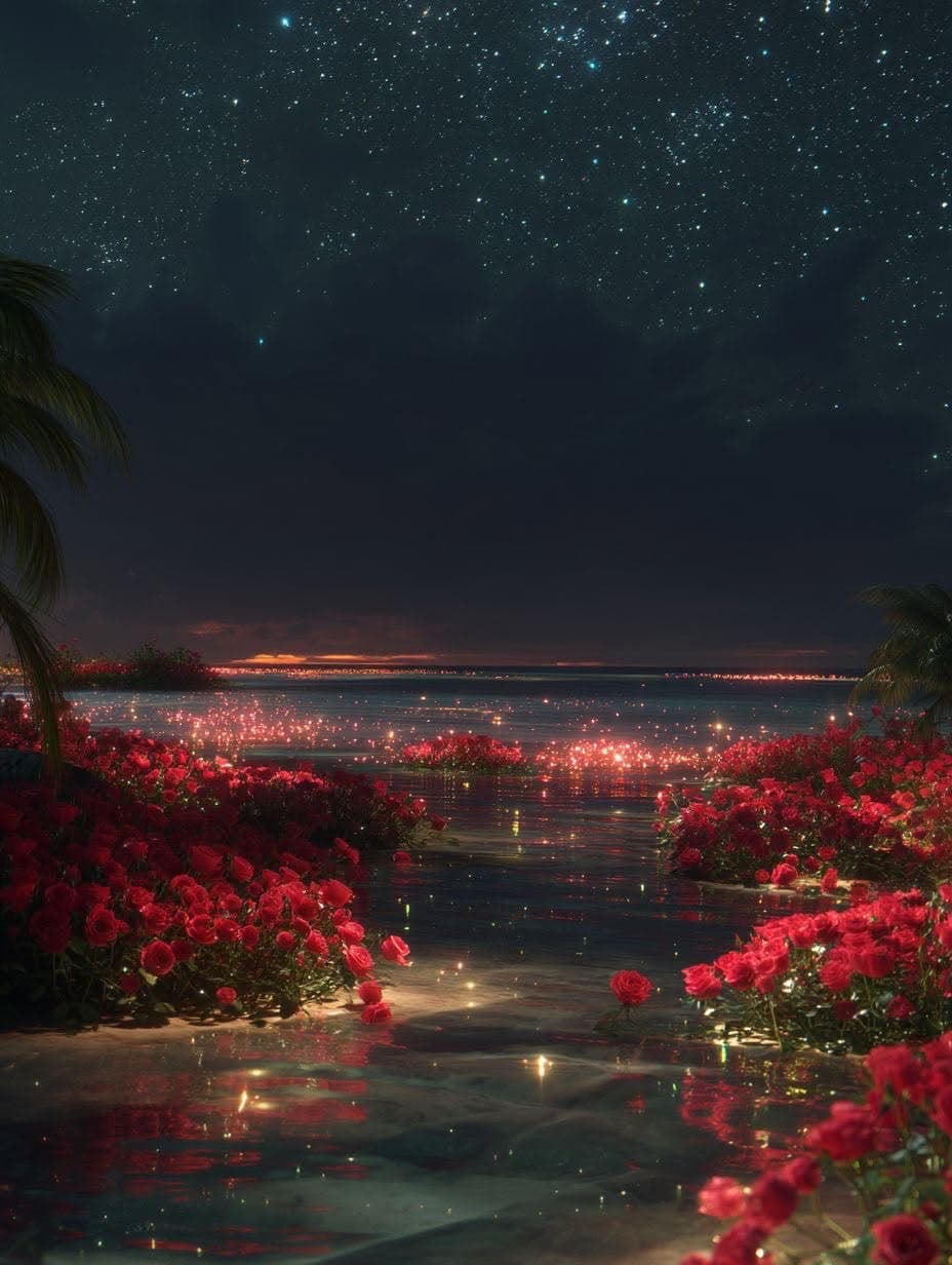 The image depicts a tranquil nocturnal landscape featuring a star-filled sky arching over a reflective body of water, with vibrant red roses blooming along its edges. The scene is illuminated by soft, glowing lights that shimmer on the water's surface, creating a magical, dreamlike ambiance. Palm fronds frame the composition on either side, suggesting a tropical or coastal setting. The horizon glows with distant, warm lights, contrasting with the cool, deep blues and purples of the night sky. The overall atmosphere is serene and romantic, evoking a sense of wonder and peace through its harmonious color palette and gentle lighting. The artistic style blends realism with fantasy elements, emphasizing texture and luminosity to create an immersive, ethereal experience.