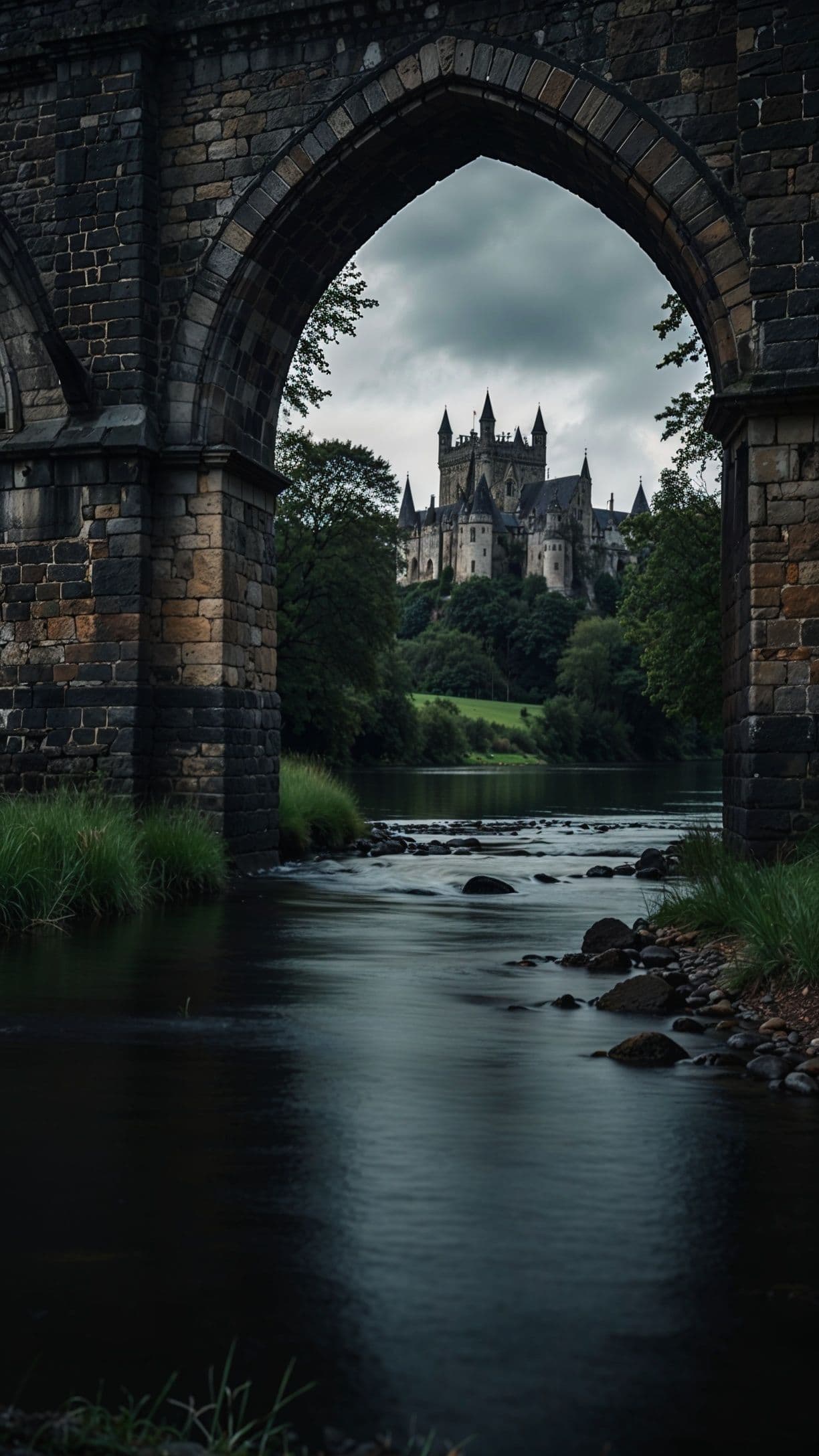 The image presents a dramatic, atmospheric view framed through a massive, weathered stone archway of an ancient bridge, leading the viewer’s eye to a distant, imposing medieval castle perched atop a verdant hill. A flowing river with visible rocks and ripples occupies the foreground, reflecting the overcast sky. The castle features multiple spires and turrets, rendered in muted stone tones, contrasting with the lush greenery surrounding it. The scene is captured with a long exposure, creating a smooth, ethereal quality to the water, while the architecture and foliage retain sharp detail. The overall mood is solemn and timeless, evoking a sense of historical grandeur and quiet mystery under a brooding, cloudy sky.