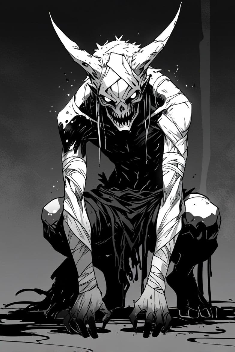 The image depicts a menacing, horned demonic entity crouched low to the ground, its skeletal face featuring sharp, glowing eyes and a wide, toothy grin. Its body is wrapped in tattered, writhing bandages that appear to be dripping with dark liquid, suggesting a grotesque, decaying form. The creature's posture is aggressive and predatory, with hands gripping the ground as if preparing to pounce, conveying a sense of imminent threat. The artwork employs high-contrast black-and-white linework with dynamic shading, emphasizing the creature's muscular form and textured skin. The overall atmosphere is dark, ominous, and foreboding, evoking a sense of dread and primal power through its composition and expression.