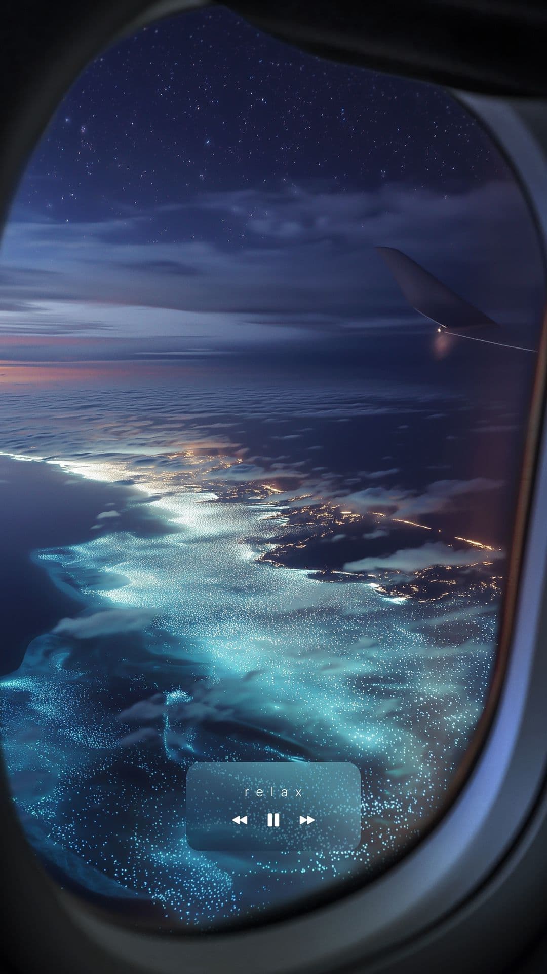 The image presents a serene aerial view through an airplane window, capturing a breathtaking twilight scene over a coastal cityscape. Below, glowing city lights reflect off shimmering, turquoise waters, while the horizon blends into a deep indigo sky streaked with soft clouds and distant stars. The composition is framed by the curved window edge, adding a sense of intimacy and perspective. The overall aesthetic is tranquil and meditative, enhanced by a subtle digital overlay of a 'relax' media control panel, suggesting a calming, ambient atmosphere. The lighting is soft and diffused, with natural daylight fading into the evening, creating a peaceful, contemplative mood.