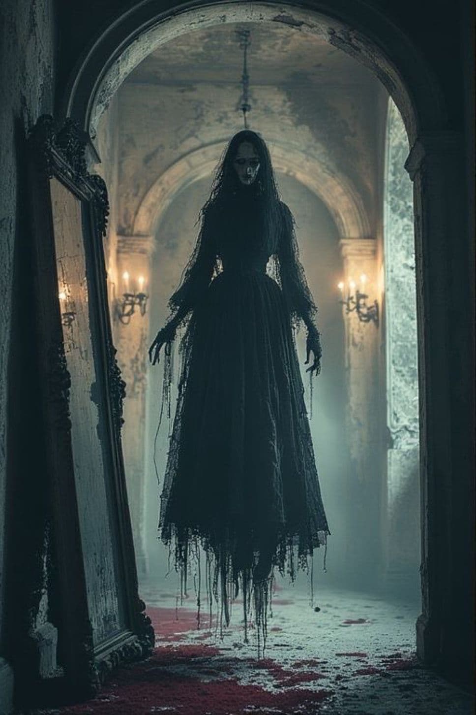 A spectral, ghostly figure with long, flowing black lace robes and a face obscured by a veil hovers in a decaying, gothic archway. The figure's elongated, skeletal hands hang limply, and the fabric appears to drip with dark liquid, suggesting a macabre presence. The setting is a crumbling, candle-lit hallway with ornate mirrors and stone pillars, evoking a haunted mansion atmosphere. The artwork employs dramatic chiaroscuro lighting and detailed texture rendering to enhance the eerie, supernatural mood. The overall tone is unsettling yet visually rich, with a focus on atmosphere and horror aesthetics rather than character intimacy or sexualized content.