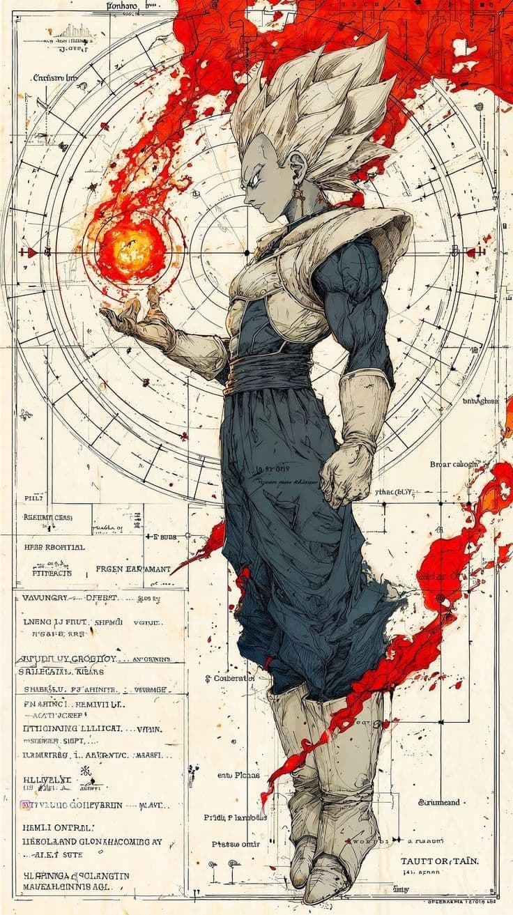 The image features a powerful, spiky-haired male character in a dynamic, side-profile pose, holding a glowing red energy sphere in his right hand. He wears a dark blue gi with light-colored shoulder armor and boots, fully covering his body without revealing any skin. The character's expression is intense and focused, conveying determination and power. Behind him is a complex, vintage-style scientific chart with concentric circles and handwritten annotations, overlaid with dramatic red splatters that suggest energy or destruction. The overall composition is bold and stylized, combining high-contrast digital art with a retro aesthetic, creating a sense of epic scale and cosmic energy. The lighting is bright and frontal, highlighting the character's form against the detailed background, enhancing the dramatic and heroic atmosphere.