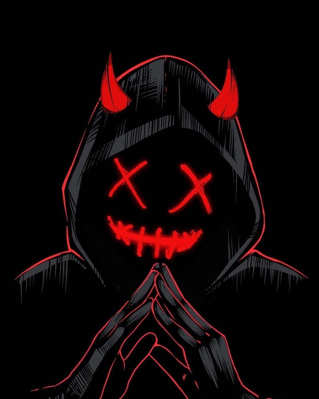 The image features a stylized, menacing figure cloaked in a black hooded garment with prominent red horns, rendered in a high-contrast, minimalist art style. The figure's face is obscured by a mask with glowing red X-shaped eyes and a stitched, toothy grin, conveying a sinister, cartoonish expression. Its hands are clasped together in a gesture that suggests prayer or supplication, adding a layer of irony to its otherwise threatening appearance. The composition is centered, with the figure dominating the frame against a solid black background, emphasizing its symbolic nature. The artwork uses bold red outlines and sharp linework to create a striking visual impact, while the monochromatic palette enhances the ominous mood. The overall tone is eerie and unsettling, yet the subject matter is abstract and symbolic rather than sexualized or revealing.