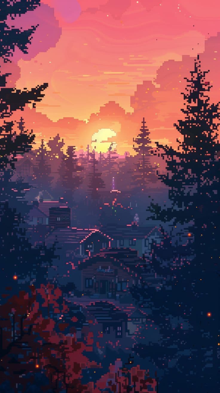 The image depicts a serene, pixel-art rendered sunset over a quiet, forested village nestled among tall pine trees. The sky transitions from deep magenta to warm orange, with the sun partially visible behind the treeline, casting a soft glow over rooftops and chimneys. The village features modest, rustic houses with glowing windows, suggesting warmth and habitation, while scattered embers or fireflies add a magical, tranquil ambiance. The composition uses a medium shot to frame the scene, emphasizing the contrast between the vibrant sky and the cool, shadowed foreground. The overall atmosphere is peaceful and nostalgic, evoking a sense of quiet solitude and natural beauty.