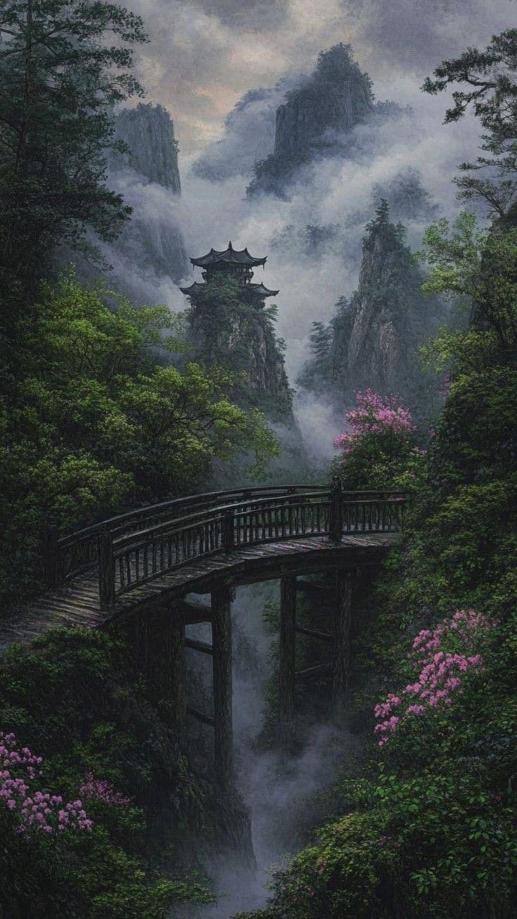 This image portrays a serene, mist-shrouded mountain landscape featuring a traditional East Asian-style wooden bridge arching over a cascading waterfall. Lush greenery, including towering trees and flowering shrubs with vibrant pink blossoms, frames the scene, enhancing its natural beauty. In the background, a solitary pagoda perched atop a cliff adds cultural and architectural depth, while atmospheric fog creates a sense of mystery and scale. The composition uses layered depth, with foreground foliage, midground bridge, and distant peaks, all rendered with painterly realism and soft gradients. The overall mood is tranquil and contemplative, evoking a sense of harmony between nature and human craftsmanship.