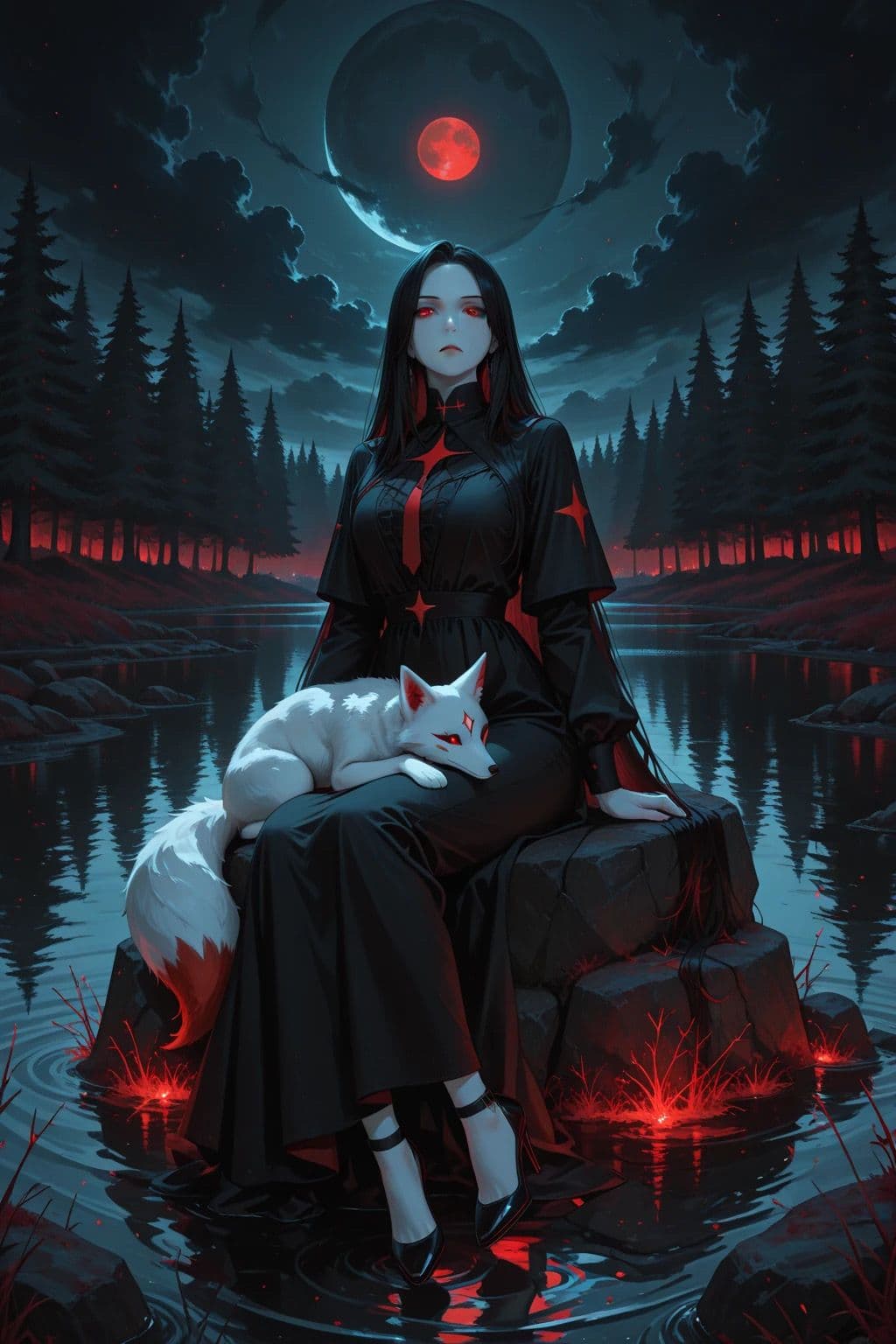 A solemn, dark-haired female character in a high-collared black robe with red star motifs sits poised on a submerged rock, her legs partially submerged in reflective water. She is accompanied by a white fox with red markings, resting calmly on her lap. The scene is set at night under a dramatic, blood-red moon, with a forested shoreline glowing with crimson light. The artwork employs rich contrast between deep blues and fiery reds, creating a moody, mysterious atmosphere. The composition is symmetrical, with the character and fox centered, emphasizing stillness and contemplation. The water ripples subtly, mirroring the ominous sky and enhancing the sense of depth and isolation.