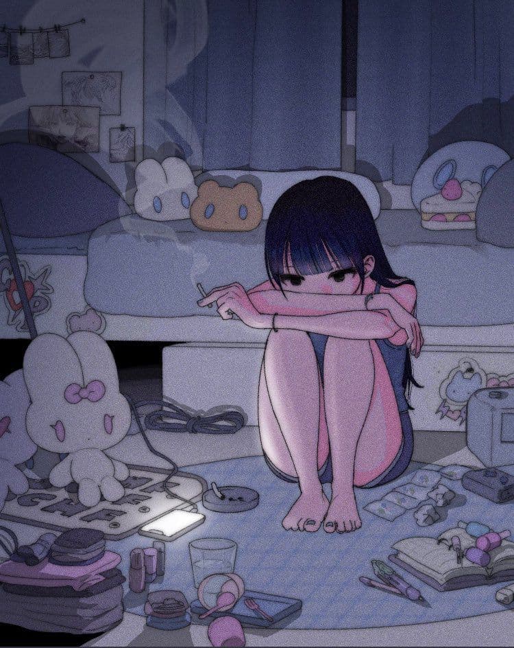 A young female character with short dark hair sits cross-legged on a cluttered bedroom floor, arms wrapped around her knees, exuding a pensive or melancholic mood. She wears a simple, loose-fitting pink top and dark shorts, fully covering her body and avoiding any revealing or suggestive elements. The room is dimly lit with soft, cool-toned ambient light, suggesting late evening or night, and is filled with scattered personal items including plush toys, a laptop, makeup, and books, indicating a lived-in, messy space. The art employs a soft, painterly digital style with cel-shaded shading and delicate line work, creating an intimate, emotionally resonant atmosphere. The overall tone is quiet and introspective, with a subdued color palette of purples, blues, and pinks that enhances the sense of solitude and contemplation.