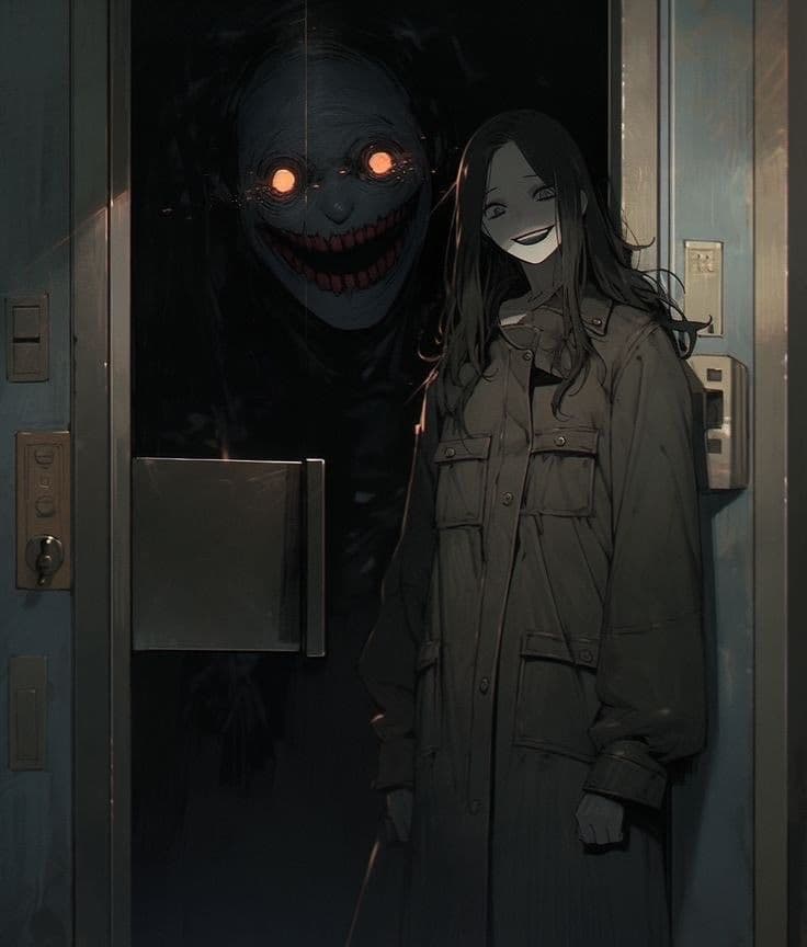 The image depicts a young woman with long dark hair standing in a dimly lit hallway, smiling calmly while wearing a heavy, buttoned trench coat that fully covers her body. Behind her, a grotesque, shadowy figure with glowing orange eyes and a wide, toothy grin peers through a dark doorway, creating a stark contrast in mood. The scene is rendered with atmospheric lighting, emphasizing the eerie tension between the calm foreground subject and the menacing background entity. The art employs detailed linework and realistic shading to convey texture and depth, with a focus on psychological horror rather than explicit content. The overall tone is unsettling and suspenseful, evoking a sense of dread through composition and contrast rather than nudity or suggestive elements.