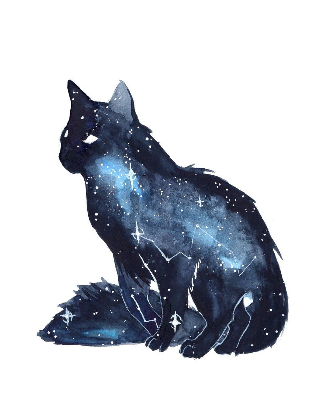 The image features a solitary cat rendered in a watercolor style, seated in a contemplative, three-quarter profile pose against a stark white background. Its silhouette is filled with a cosmic nebula, featuring swirling blues, scattered white stars, and faintly outlined constellations, creating an ethereal, celestial interior. The cat's posture is calm and still, with its ears alert and tail curled, suggesting quiet observation or introspection. The artwork employs soft, blended washes and delicate brushstrokes, emphasizing the dreamlike fusion of terrestrial feline form with the vastness of space. The overall atmosphere is serene, mystical, and tranquil, evoking a sense of wonder and solitude.