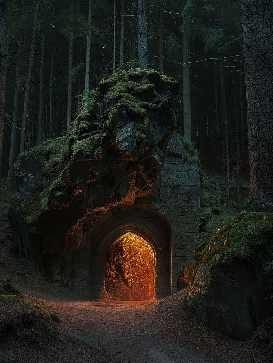 The image depicts a mysterious, moss-covered stone archway emerging from a dense, dark forest, with a glowing, warm orange light emanating from within the arch. The arch is constructed from weathered, ancient-looking stone, partially overgrown with thick green moss and vines, suggesting long-term abandonment or natural integration. The surrounding forest is composed of tall, slender trees with dark trunks and sparse foliage, creating a sense of depth and isolation. The lighting is dramatic, with natural daylight filtering through the canopy, casting deep shadows, while the interior of the arch radiates a warm, inviting glow that contrasts sharply with the cool, dim exterior. The overall atmosphere is one of quiet mystery and enchantment, evoking a sense of discovery and wonder as if leading to a hidden, magical realm.