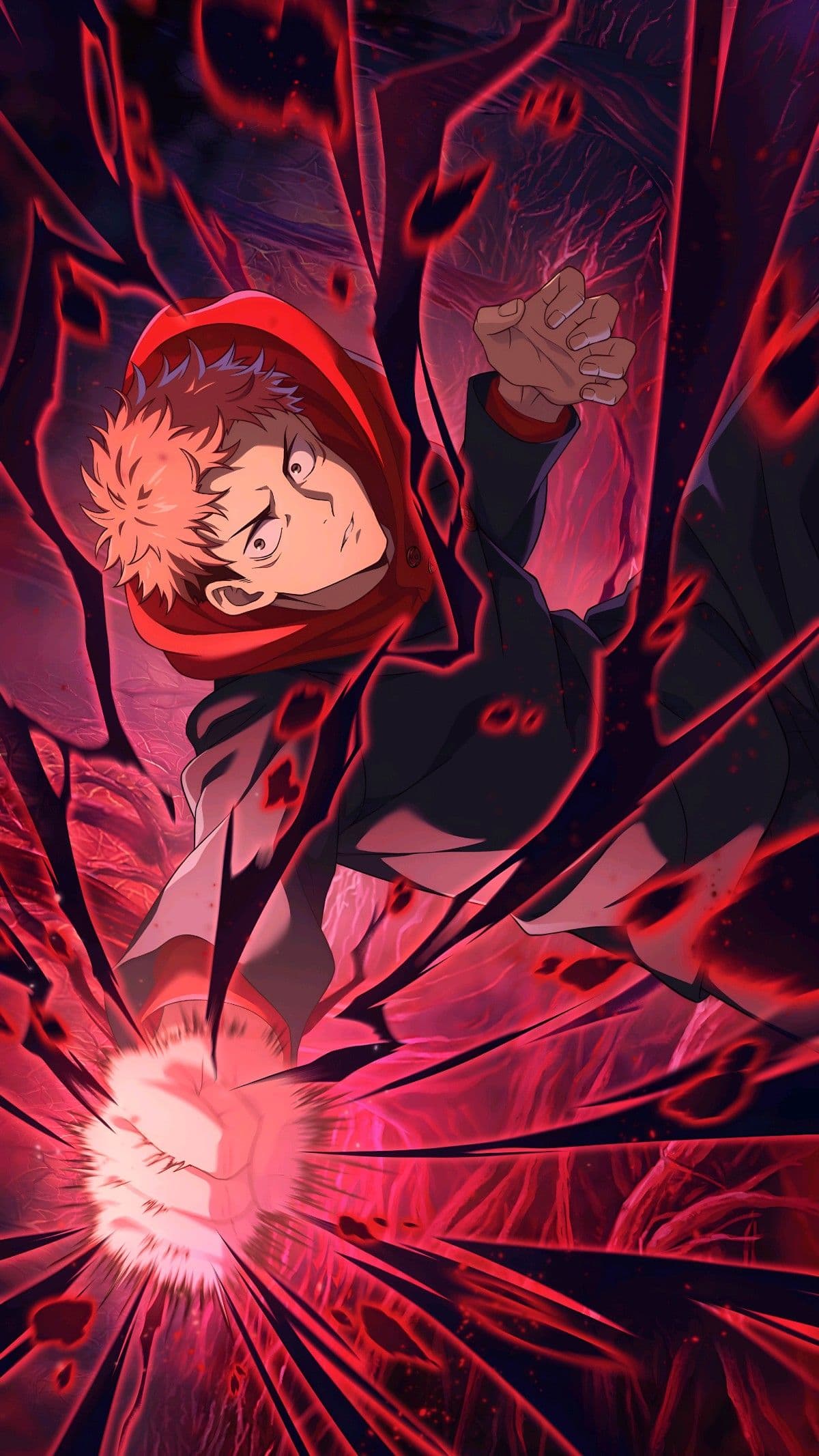 The image features Yuji Itadori from Jujutsu Kaisen, depicted in a dynamic and intense combat pose. He is wearing his signature dark blue Jujutsu High uniform with a prominent red hood pulled up around his neck. His expression is one of extreme focus and determination, with wide eyes and a furrowed brow as he lunges forward. The character is shown mid-action, delivering a powerful punch that radiates a bright, glowing energy known as 'Divergent Fist' or 'Black Flash' effects. The background is a chaotic swirl of organic, vein-like structures in deep red and purple tones, suggesting a domain expansion or a supernatural battlefield. The artistic style utilizes sharp line work and high-contrast cel shading to emphasize the kinetic energy and dramatic tension of the scene.