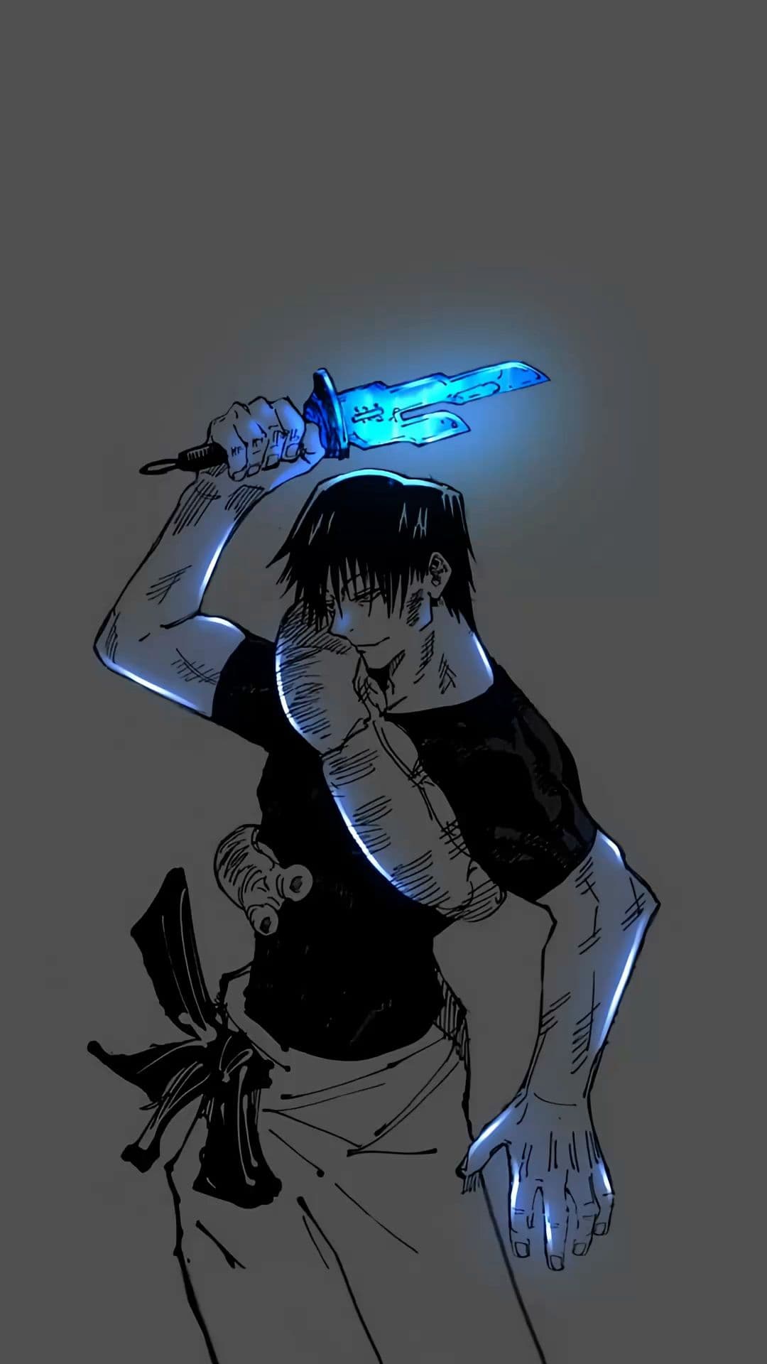 The image features a muscular male character with short, dark, spiky hair, identified as Toji Fushiguro from Jujutsu Kaisen. He is wearing a tight-fitting black short-sleeved shirt and light-colored baggy trousers, with a large, worm-like cursed spirit wrapped around his torso and shoulder. The character is captured in a dynamic mid-action pose, holding a glowing blue jagged blade known as the Inverted Spear of Heaven above his head. The setting is a minimalist, dark grey void that emphasizes the subject and the vibrant light source. The artistic style mimics manga ink sketches with rough, expressive line work and high-contrast cel shading, utilizing a striking blue rim light to define the character's physique. The overall atmosphere is intense, cool, and menacing, reflecting a high-stakes combat scenario.