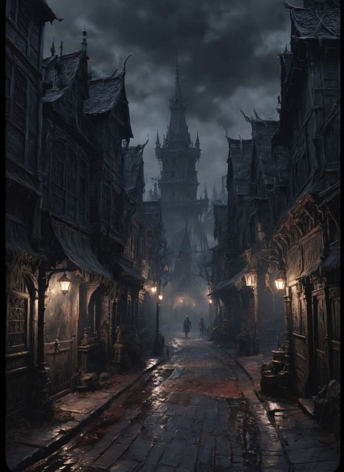 The image depicts a narrow, cobblestone alleyway flanked by dark, gothic-style wooden buildings with ornate gables and steep roofs, leading toward a towering, spire-laden structure in the distance. The scene is set under a heavy, stormy sky with low ambient light, illuminated only by warm, flickering lanterns hanging from the buildings. Two small, indistinct figures walk away into the foggy depth of the alley, adding a sense of mystery and scale. The wet pavement reflects the lantern glow and the ominous sky, enhancing the moody, atmospheric quality. The art employs detailed textures, realistic lighting, and atmospheric perspective to create a haunting, immersive medieval fantasy setting.