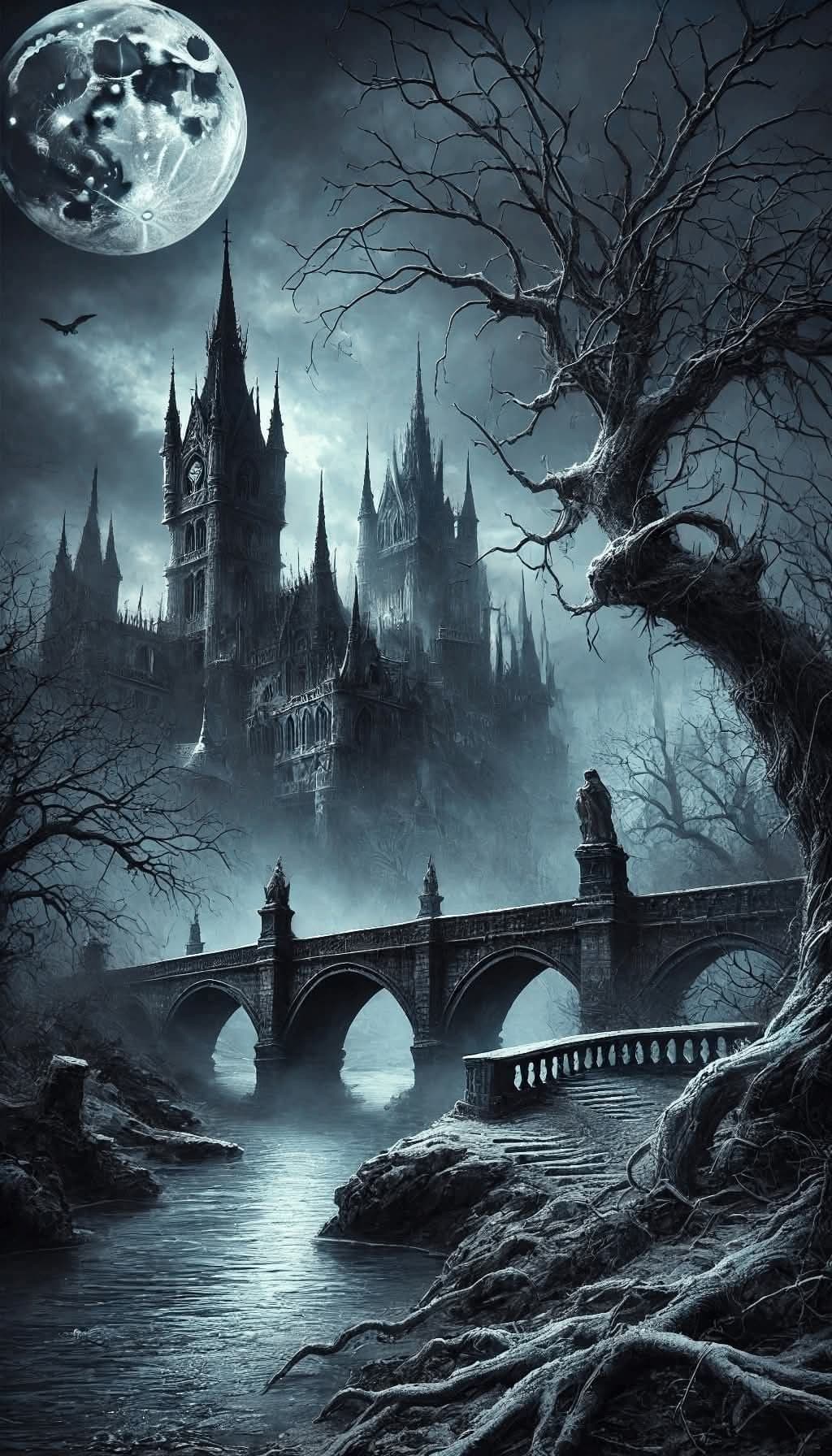 This hauntingly atmospheric landscape features a towering, gothic castle shrouded in mist, looming behind a weathered stone bridge that arches over a reflective, icy river. Bare, gnarled trees with twisted roots frame the foreground, their branches reaching skyward against a moody, cloudy night sky. A large, detailed moon dominates the upper left, casting a cold, blue-gray glow over the entire scene, while a solitary bat flies in the distance. The composition evokes a sense of ancient mystery and isolation, with the castle’s spires and arches suggesting a forgotten, possibly cursed realm. The art employs dramatic chiaroscuro lighting and meticulous texture rendering to enhance the eerie, timeless mood.