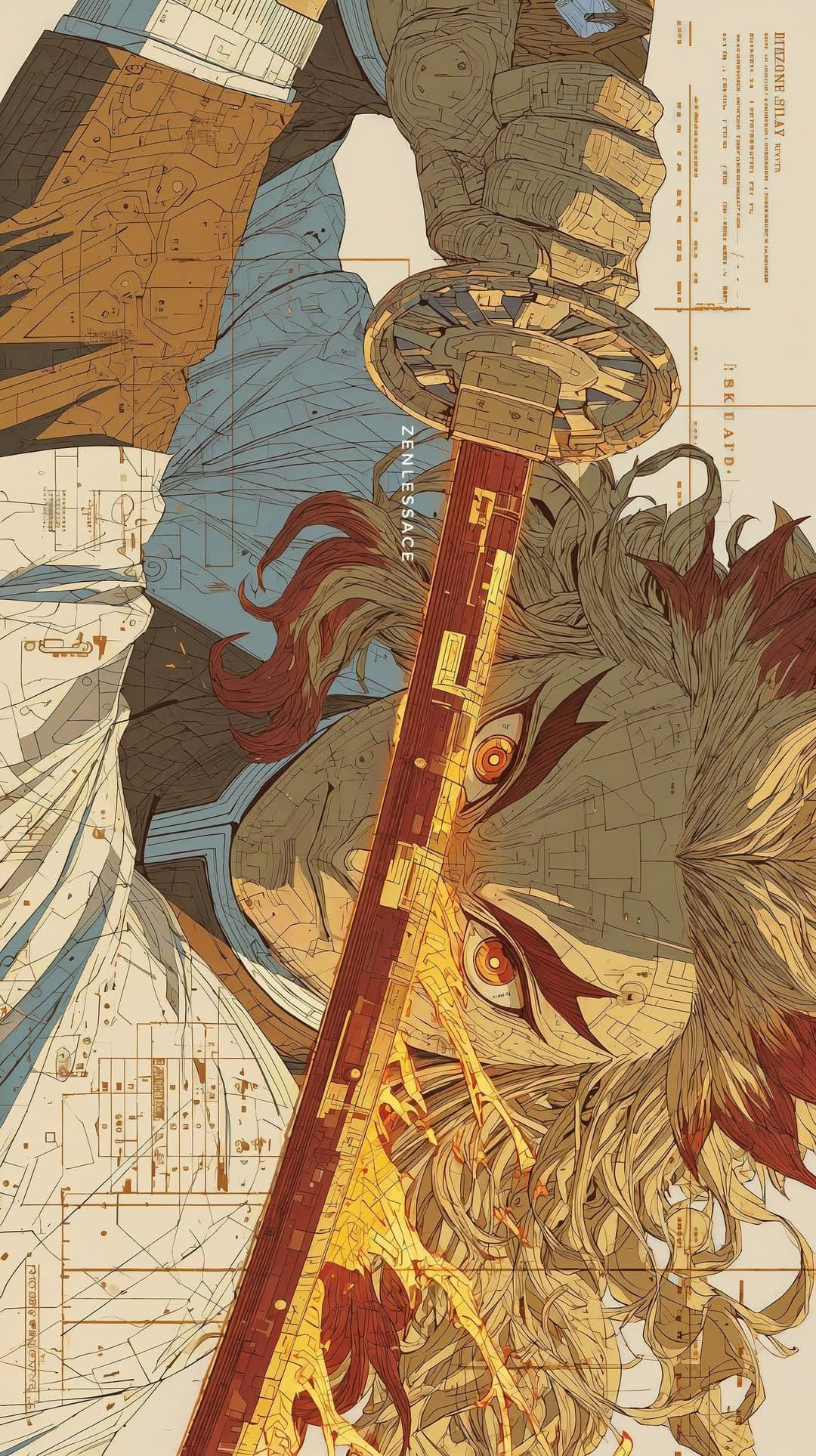 The image features a dramatic close-up of a warrior with wild, textured hair and intense, glowing eyes, gripping a massive, intricately designed sword. The character's face is partially obscured by the blade, conveying a sense of power and focus. Their attire consists of layered, detailed garments with geometric patterns, suggesting a fusion of traditional and mechanical aesthetics. The background is composed of architectural blueprints and schematic lines, adding a technical, almost engineering-inspired atmosphere. The artwork employs a meticulous, high-detail linework with cel-shaded shading, emphasizing texture and depth. The overall mood is intense and epic, evoking themes of battle, legacy, and craftsmanship, with a strong visual contrast between organic hair and mechanical design elements.