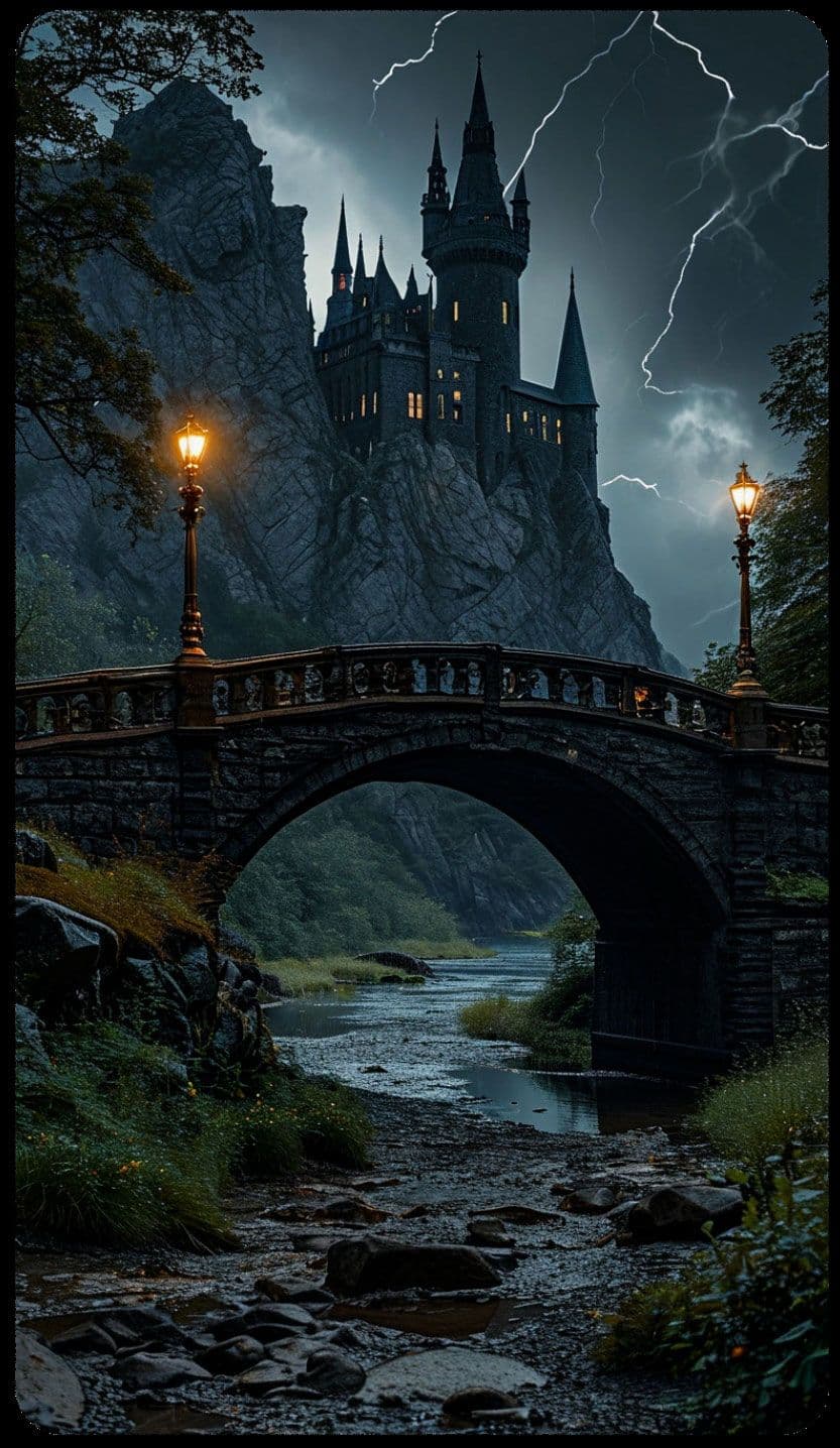 The image depicts a dramatic, atmospheric landscape centered on a stone arch bridge spanning a rocky riverbed, leading toward a towering, gothic-style castle perched atop a cliff. The castle features multiple spires and illuminated windows, contrasting with the stormy, lightning-filled sky above. Two ornate lampposts flank the bridge, casting warm, golden light that contrasts with the cool, dark tones of the environment. The scene is rendered with high detail, emphasizing textures of stone, moss, and water, under a dynamic, moody lighting scheme. The overall tone is mysterious and epic, evoking a sense of ancient grandeur and impending drama, with the storm adding tension to the otherwise serene natural setting.