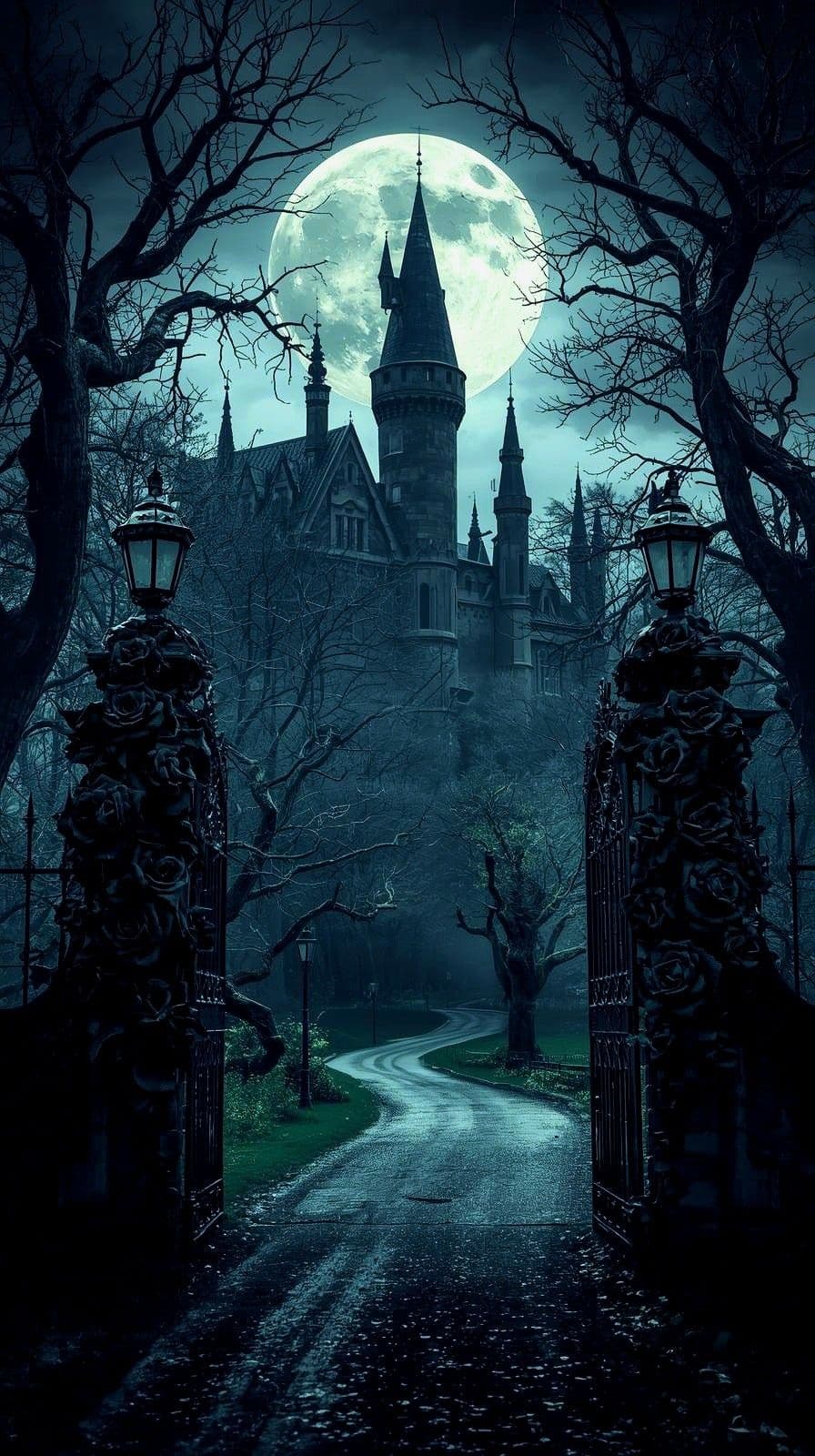 The image depicts a hauntingly beautiful gothic castle framed by bare, gnarled trees under a luminous full moon, viewed through ornate, wrought-iron gates. A wet, winding path leads toward the imposing structure, flanked by vintage lanterns that cast subtle shadows. The scene is rendered in deep blues and greys, creating a moody, atmospheric tone of mystery and solitude. The castle's spires and turrets pierce the foggy night sky, while the moon's glow provides the primary illumination, enhancing the silhouette of the architecture. The overall composition evokes a sense of quiet dread and timeless elegance, inviting viewers into a secluded, enchanted realm.