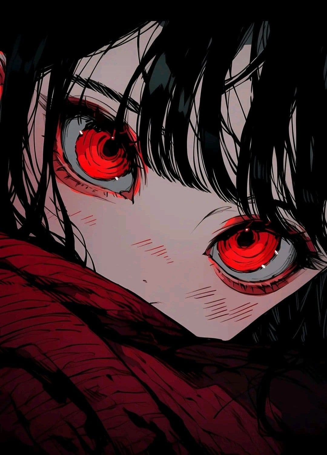 The image presents a close-up portrait of a young female character with strikingly large, glowing red eyes that dominate the frame, conveying an intense or supernatural emotional state. Her dark, messy hair partially obscures her face, adding to the dramatic and mysterious atmosphere. She is wrapped in a textured, deep red garment that covers her shoulders and torso, maintaining full modesty. The art employs sharp linework and cel-shaded shading to emphasize the character's piercing gaze and the emotional weight of the moment. The overall mood is eerie and suspenseful, suggesting a pivotal or ominous scene within a narrative, with the lighting focused on her face to highlight her expression against a dark, undefined background.