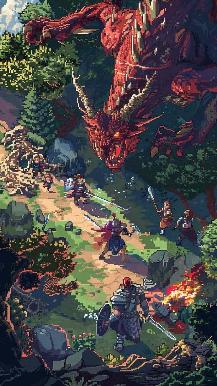 The image depicts a dramatic fantasy battle scene rendered in a pixel art style, featuring a massive red dragon looming over a group of adventurers on a forest path. The dragon's scales are detailed with sharp, angular textures, and its wings are spread wide, creating a sense of looming threat. Below, five characters are engaged in combat: a heavily armored warrior in the foreground, a mage casting a spell, and others wielding swords and shields. The environment is lush with green trees, rocky terrain, and scattered debris, suggesting a recent or ongoing battle. The composition uses a high-angle perspective to emphasize the scale of the dragon versus the small group of heroes, while the lighting is bright and natural, casting clear shadows and enhancing the vivid colors. The overall tone is epic and adventurous, evoking a sense of courage and impending conflict.