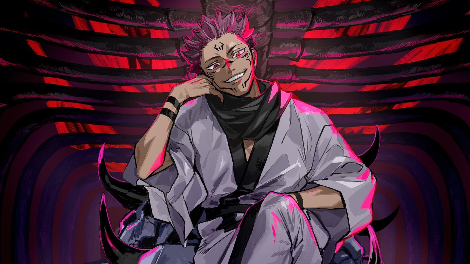 The image features Ryomen Sukuna, the primary antagonist of Jujutsu Kaisen, depicted in his iconic light-colored kimono with a dark scarf and black wristbands. He is shown in a relaxed yet menacing pose, sitting upon a throne composed of dark, curved horns or spikes, with his head resting casually on his hand. The background is dominated by a massive, skeletal ribcage structure set against a deep red and black void, creating a macabre and powerful visual. The artistic style utilizes sharp, sketchy line work and high-contrast cel shading, emphasizing the character's intricate facial markings and glowing red eyes. The overall atmosphere is dark, intimidating, and authoritative, perfectly capturing the essence of a 'King of Curses.' The color palette is restricted to deep reds, purples, and blacks, which heightens the sinister and supernatural mood of the piece.