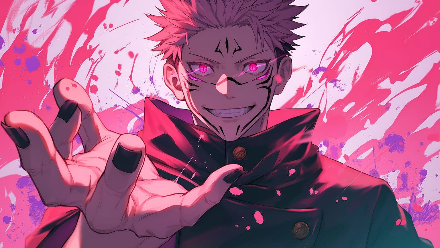 The image features Ryomen Sukuna from Jujutsu Kaisen, depicted with his signature pink spiky hair and intricate black cursed markings across his face and forehead. He is wearing a dark, high-collared jujutsu sorcerer uniform that fully covers his torso and neck, accented by gold buttons. The character is reaching toward the viewer with a foreshortened hand, sporting black-painted fingernails, while wearing a menacing, wide-toothed grin. The background is a dynamic explosion of pink and purple paint splatters and abstract brushstrokes that create a sense of chaotic energy. The artistic style utilizes sharp line work and vibrant, glowing pink eyes to emphasize the character's supernatural and malevolent nature. The overall atmosphere is intense, aggressive, and powerful, reflecting a dark fantasy aesthetic.