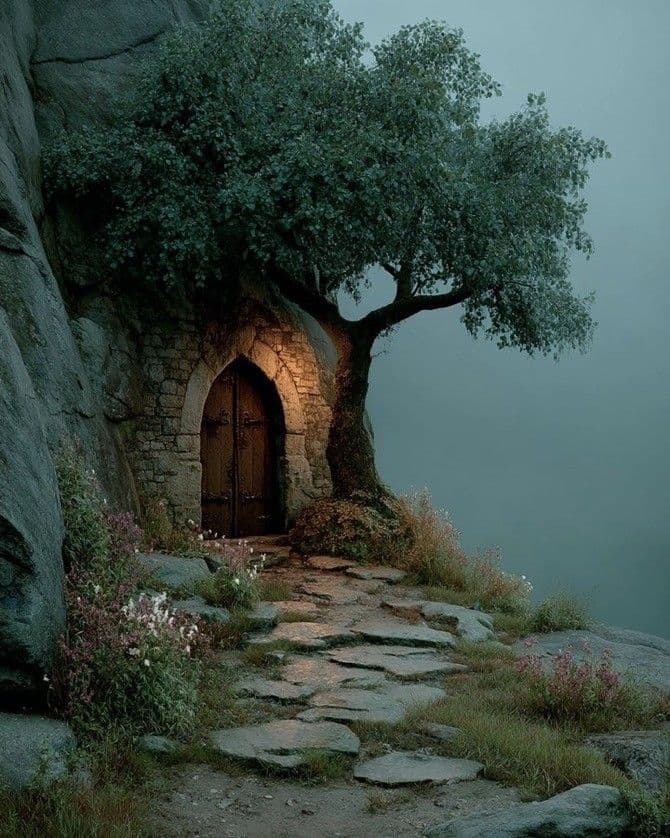 The image depicts a solitary, arched stone doorway embedded within a rugged cliffside, framed by the gnarled roots and canopy of a large, ancient tree. A weathered stone path, uneven and mossy, leads toward the entrance, flanked by wildflowers and grasses that suggest a secluded, timeless setting. The scene is bathed in soft, diffused natural light, with a warm glow emanating from within the doorway, contrasting with the cool, misty atmosphere beyond. The composition evokes a sense of mystery and tranquility, inviting the viewer into a hidden sanctuary. The artistic rendering emphasizes texture and depth, with realistic lighting and detailed environmental elements that create an immersive, almost cinematic mood.