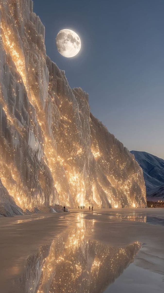 The image depicts a vast, luminous ice cliff face glowing with internal golden light, its surface textured with crystalline formations and sparkling particles. At the base, a reflective frozen lake mirrors the radiant ice and the full moon above, creating a symmetrical, dreamlike composition. A small group of silhouetted figures stands on the icy shore, dwarfed by the monumental scale of the natural wonder, emphasizing the grandeur of the landscape. The scene is rendered with high detail, using cel-shaded lighting to enhance the contrast between the cool blue sky and the warm, glowing ice. The overall atmosphere is serene and awe-inspiring, evoking a sense of quiet wonder and natural majesty under a clear, starless night sky.