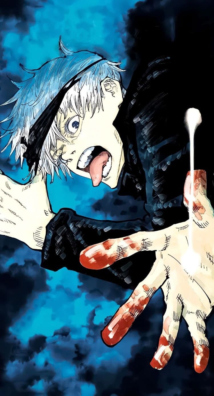 The image features Satoru Gojo from Jujutsu Kaisen, depicted with his signature white hair and a black blindfold pushed up to reveal one striking blue eye. He is wearing his standard high-collared black jujutsu sorcerer uniform, which provides full coverage. The character is shown in a dynamic, high-intensity pose with his hands reaching toward the viewer, his fingers stained with blood. The background is a swirling, dark blue and black void that suggests a supernatural or chaotic environment. The art style utilizes sharp, sketchy line work and high-contrast cel shading typical of modern manga illustrations. The overall atmosphere is intense, manic, and powerful, capturing a moment of extreme emotional and supernatural exertion.