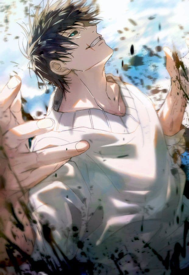 The image features a young man with dark, spiky hair and a distinctive scar on the right side of his mouth, wearing a loose-fitting white V-neck sweater. He is depicted in a dynamic, low-angle perspective, tilting his head back toward the sky with a confident and slightly manic grin. His hands are positioned in the foreground, creating a sense of depth as if he is reaching toward the viewer or embracing the atmosphere. The background is a bright, overexposed sky with hints of blue and white clouds, suggesting a high-altitude or open-air setting. The artistic style utilizes painterly digital strokes combined with sharp line work, featuring dark ink-like splatters that add a sense of chaotic energy. The overall mood is intense and exhilarating, capturing a moment of wild freedom or triumph.