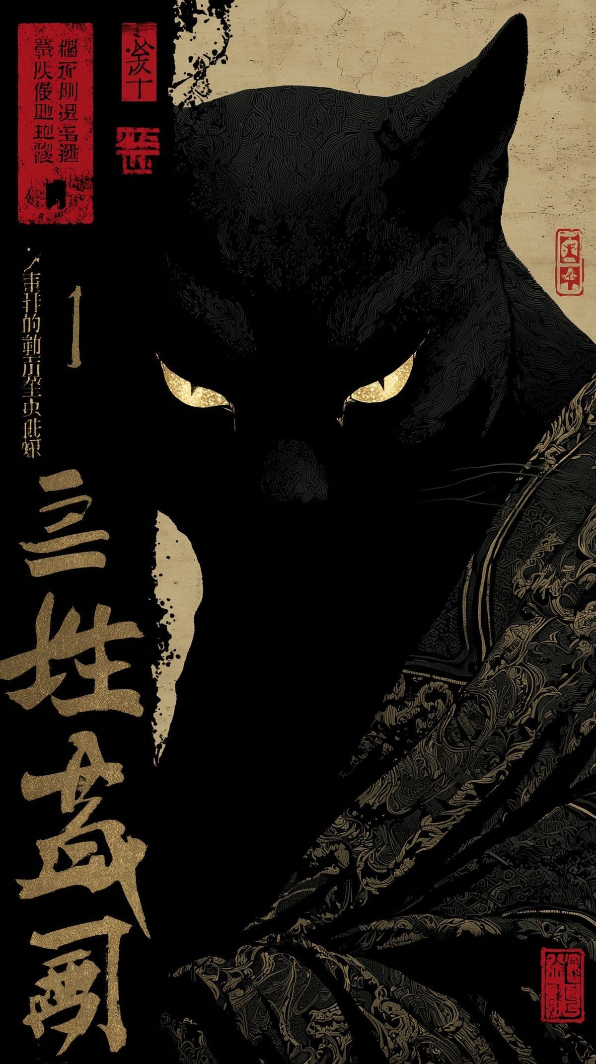 The image features a stylized, imposing black cat with piercing golden eyes, depicted in a dramatic, shadowy profile. The cat is draped in ornate, dark patterned robes that cover its entire body, emphasizing its regal and mysterious presence. The composition is dominated by the cat's intense gaze, which commands attention and conveys a sense of ancient power or supernatural authority. The background is textured with aged parchment tones and traditional East Asian calligraphy, suggesting a historical or mythological context. The art employs high-contrast lighting and cel-shaded rendering to create a moody, cinematic atmosphere, enhancing the character's enigmatic and formidable aura.