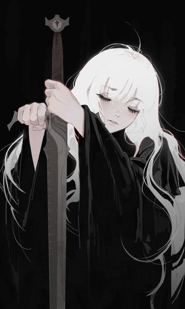 A melancholic, pale-haired character with long flowing white hair is depicted in a medium shot, holding a large, ornate sword with both hands. Their eyes are closed, conveying a sense of solemnity or introspection, while their expression is serene yet somber. The character is dressed in a voluminous, dark-colored robe that fully covers their body, with no visible skin or revealing elements. The artwork uses high contrast and soft shading to emphasize the character's form and the sword's intricate design, set against a stark black background. The composition is centered, with the character's posture and the sword creating a vertical focal line, enhancing the dramatic and contemplative mood of the piece.