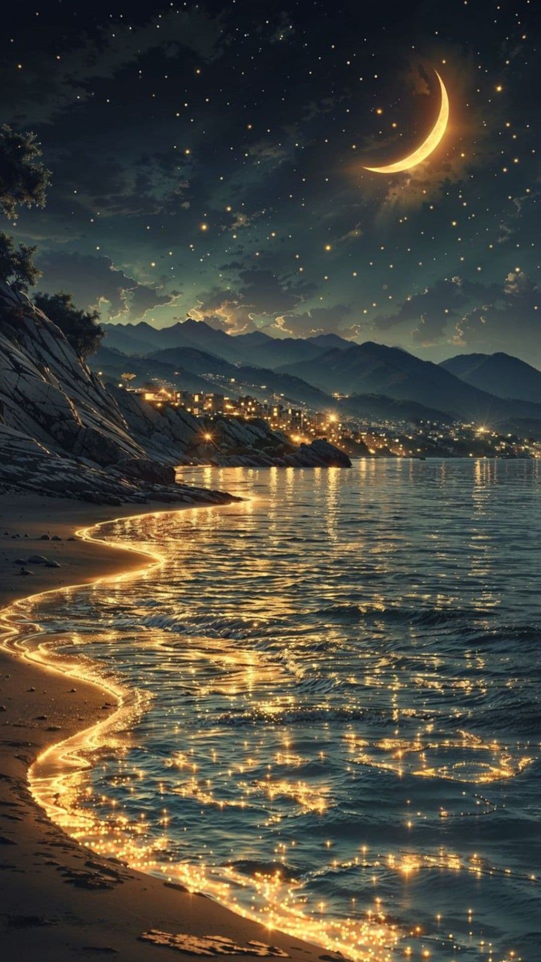 This serene nocturnal landscape features a crescent moon and a star-filled sky above a tranquil coastal scene. Gentle waves ripple across the water, reflecting golden lights from distant city lights along a shoreline. A rocky cliffside with sparse vegetation borders the beach, while silhouetted mountains stretch across the horizon under a softly clouded sky. The artwork employs a dreamlike, painterly style with soft gradients and luminous highlights, evoking a sense of calm and wonder. The overall atmosphere is peaceful and contemplative, enhanced by the interplay of natural and artificial light sources, creating a harmonious, emotionally soothing visual experience.